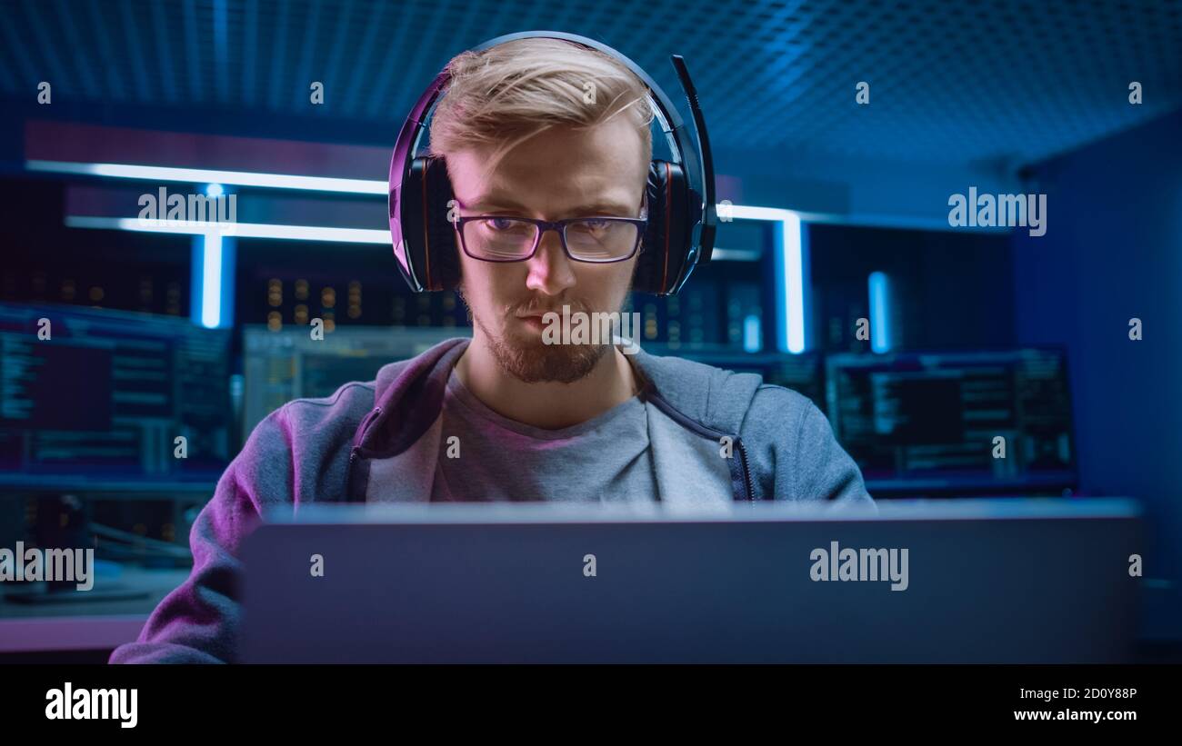 Portrait of Software Developer Hacker Gamer Wearing Glasses and Headset ...