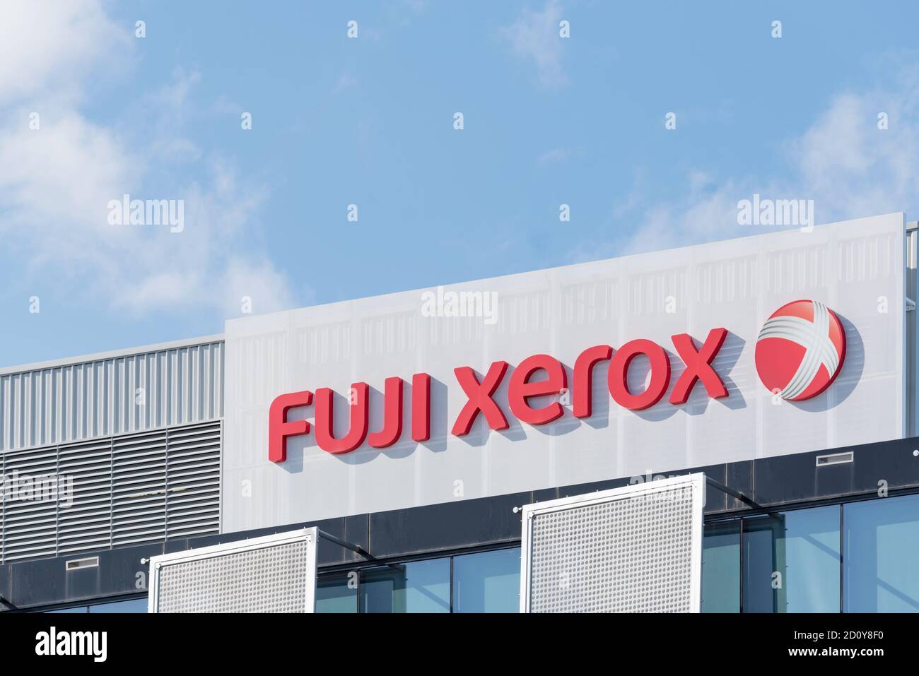 Signage and the logo on the outside of Fuji Xerox Australia's offices in the Sydney suburb of Macquarie Park, New South Wales, Australia Stock Photo