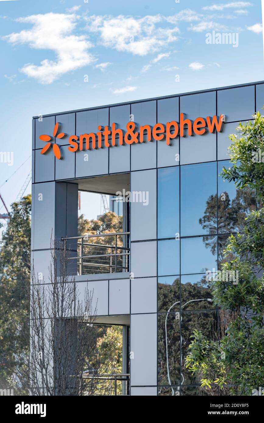 Signage and the logo on the outside of Smith & Nephew Australia's offices in the Sydney suburb