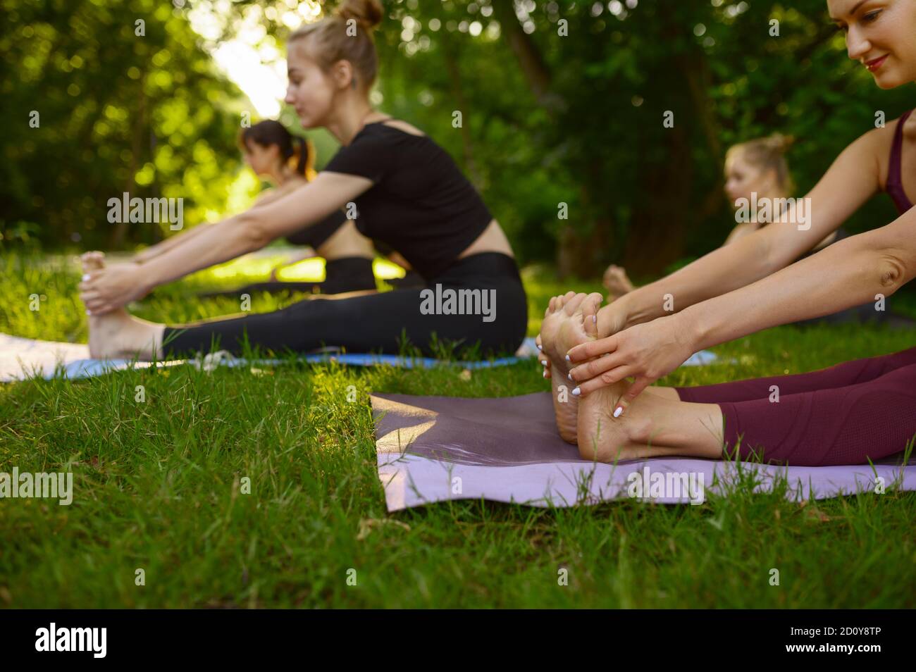 Women doing exercise on mats, group yoga in park Stock Photo