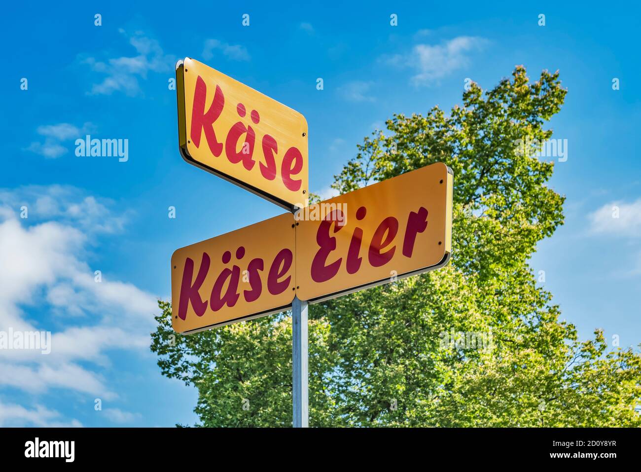 Signs for the sale of cheese and eggs in Germany Stock Photo