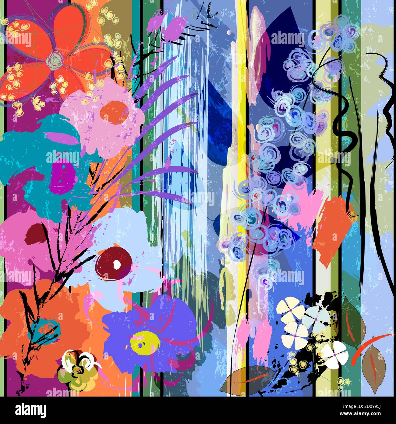 abstract background composition with flowers, strokes, splashes and geometric lines Stock Vector