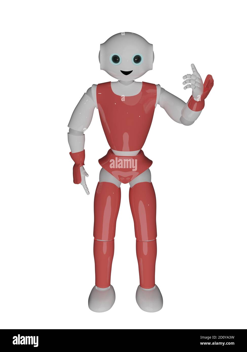 cute 3d robot points with the finger upwards. 3d rendering on white isolated Stock Photo