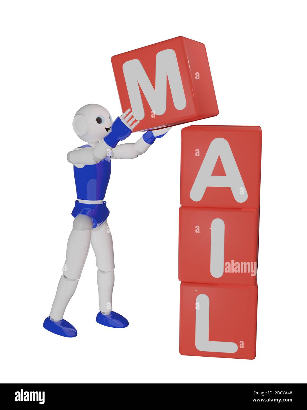 3d robot stacks cubes with letters that together make mail. 3d rendering Stock Photo