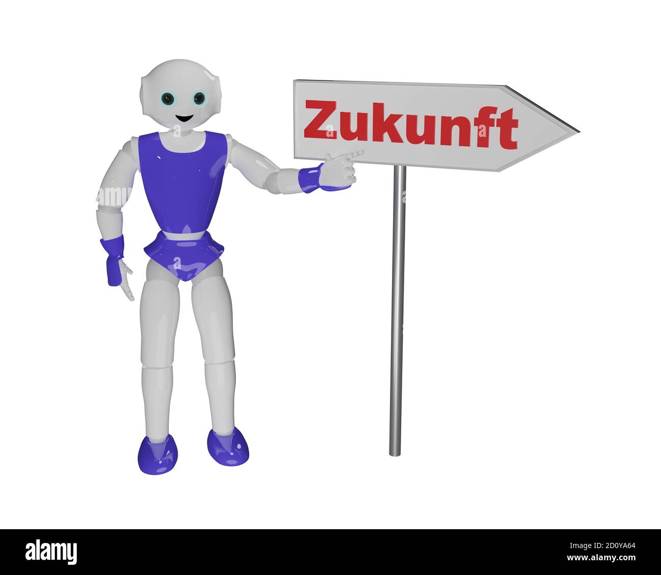 3d Robot points with the finger at an arrow sign which says 'future' in German text. 3d rendering Stock Photo