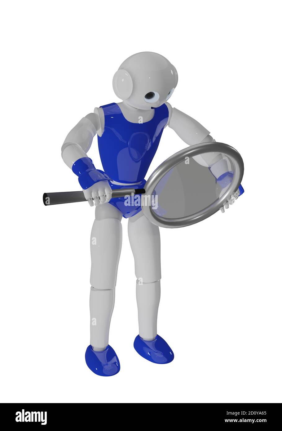blue and white robot looks through a magnifying glass. 3d rendering on white isolated Stock Photo