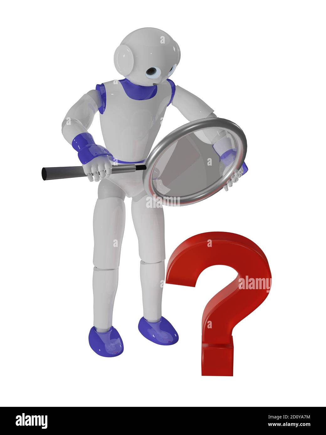 cute 3d robot looks through a magnifying glass at a question mark. 3d rendering on white isolated Stock Photo