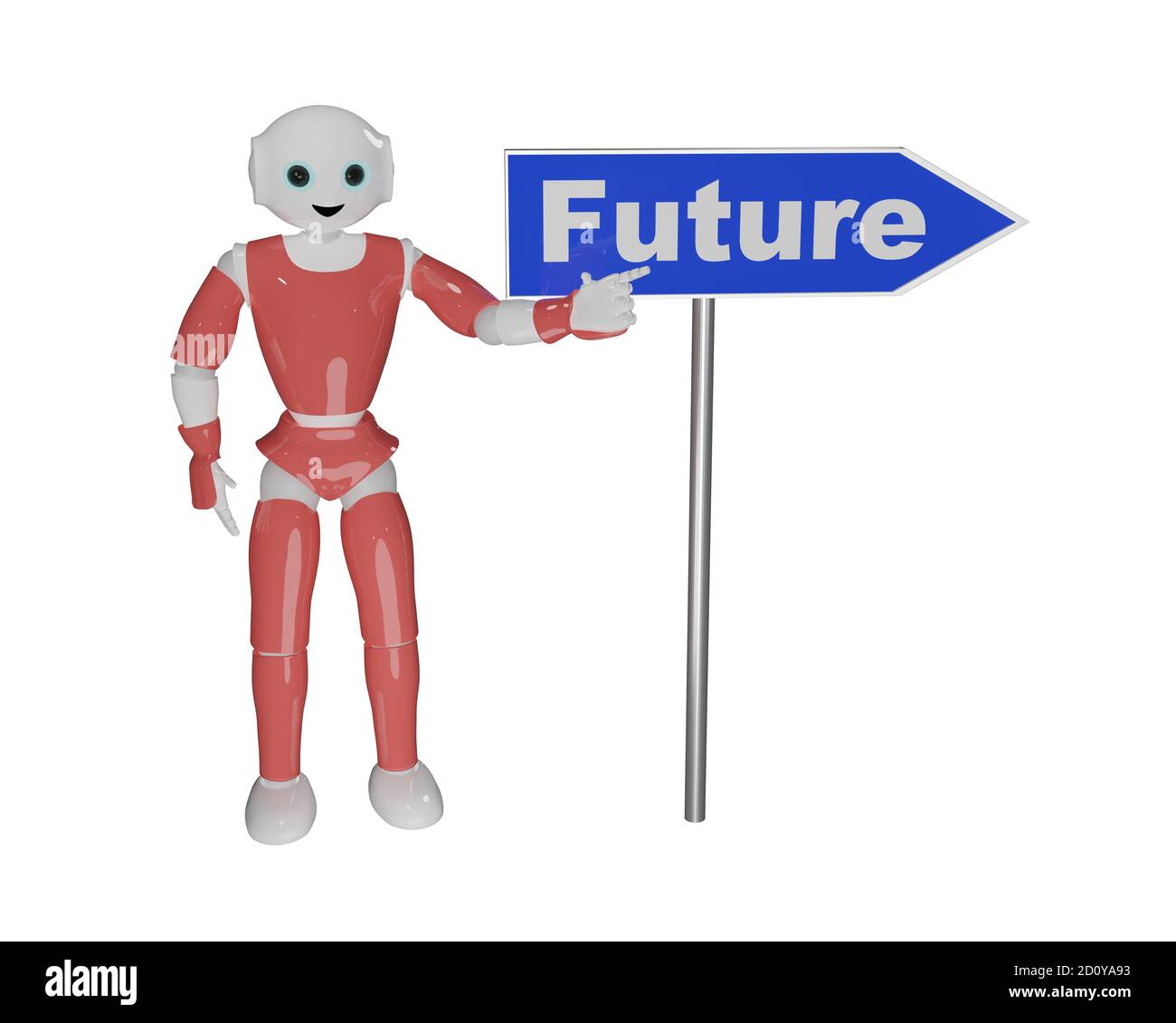 3d Robot points with the finger at an arrow sign on the future. 3d rendering Stock Photo