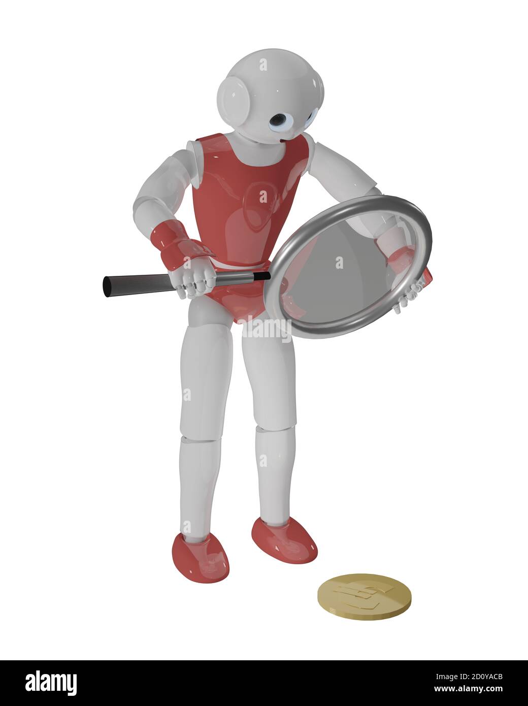 cute 3d robot looks through a magnifying glass at a coin. 3d rendering on white isolated Stock Photo