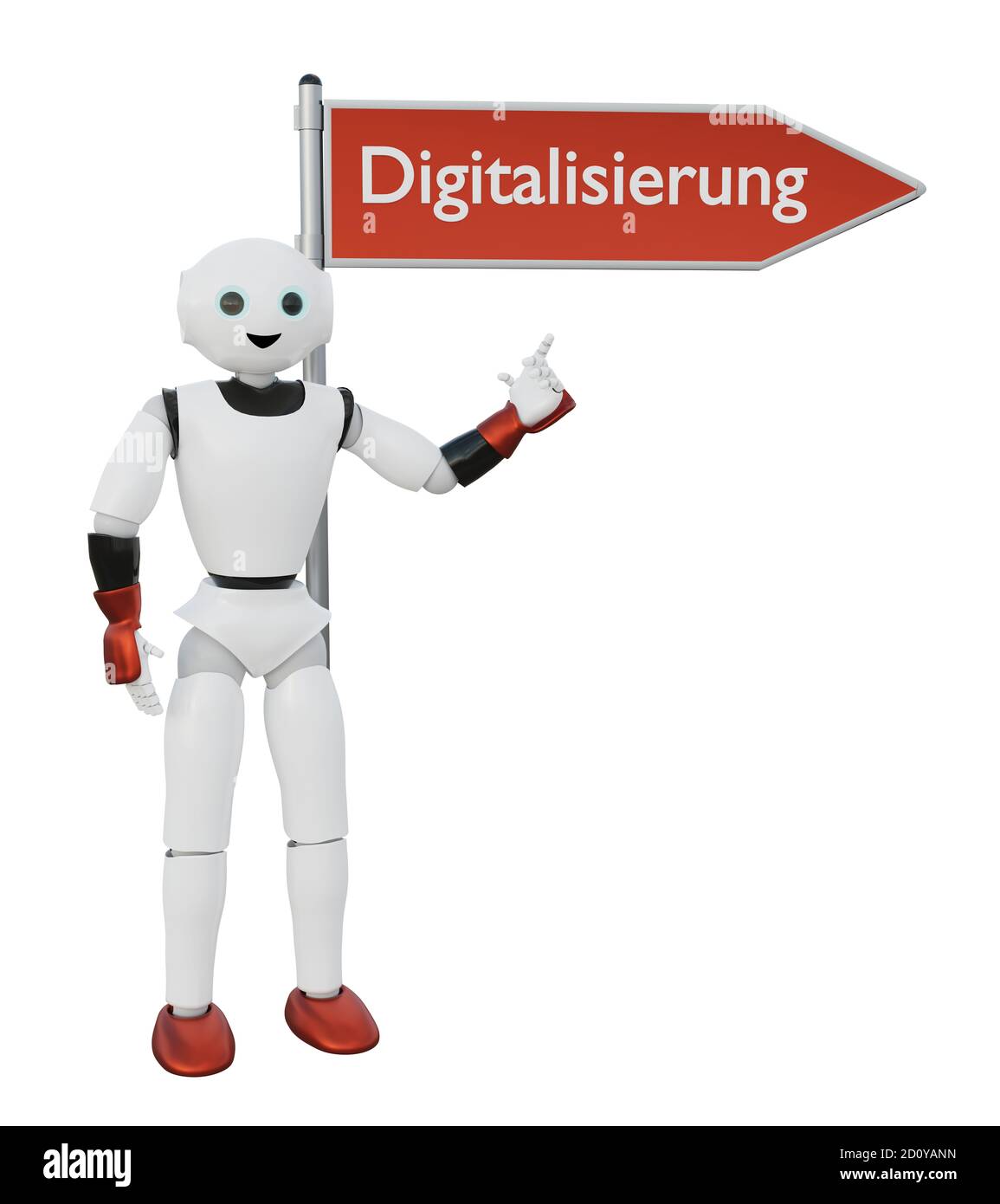3d robot points to a sign that says 'Digitization' in German Stock Photo