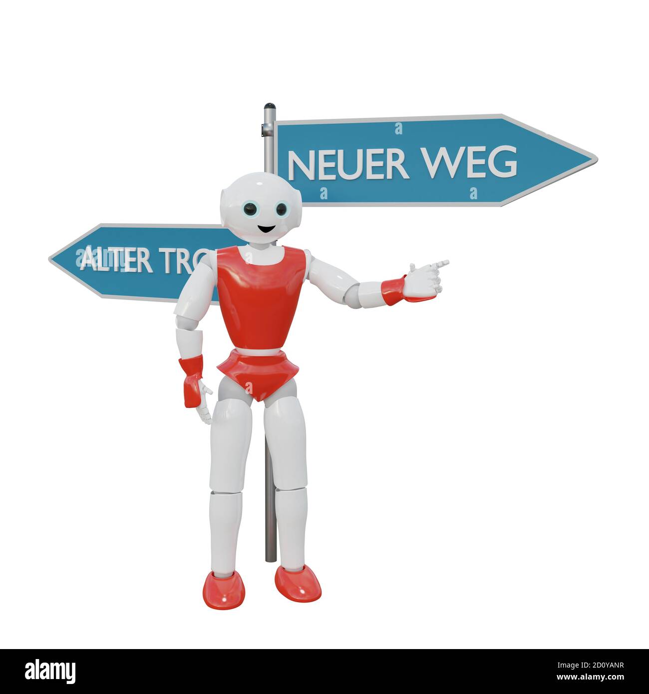 3D robot stands at a signpost and points in the direction of 'new way'. Text in German: 'neue Weg' and 'old Trott'. 3D rendering Stock Photo