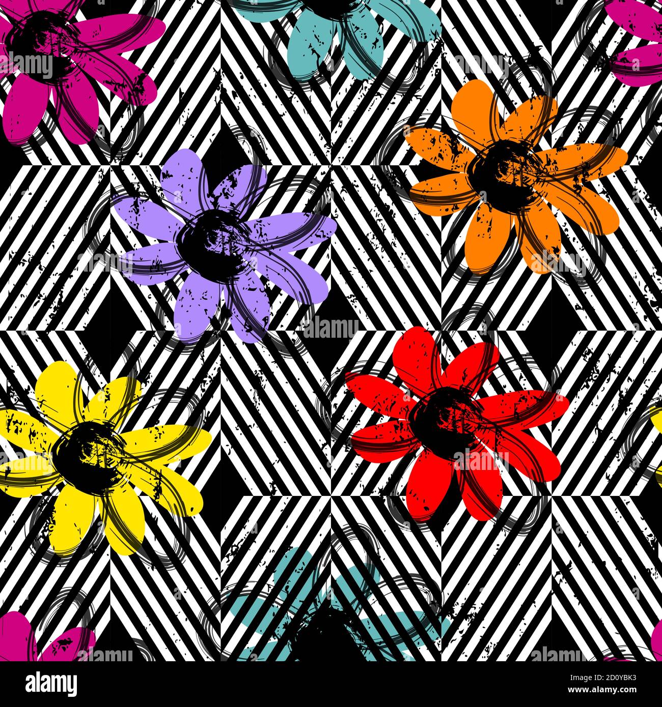 seamless geometric background pattern, with stripes, flowers, strokes and splashes, black and white Stock Vector