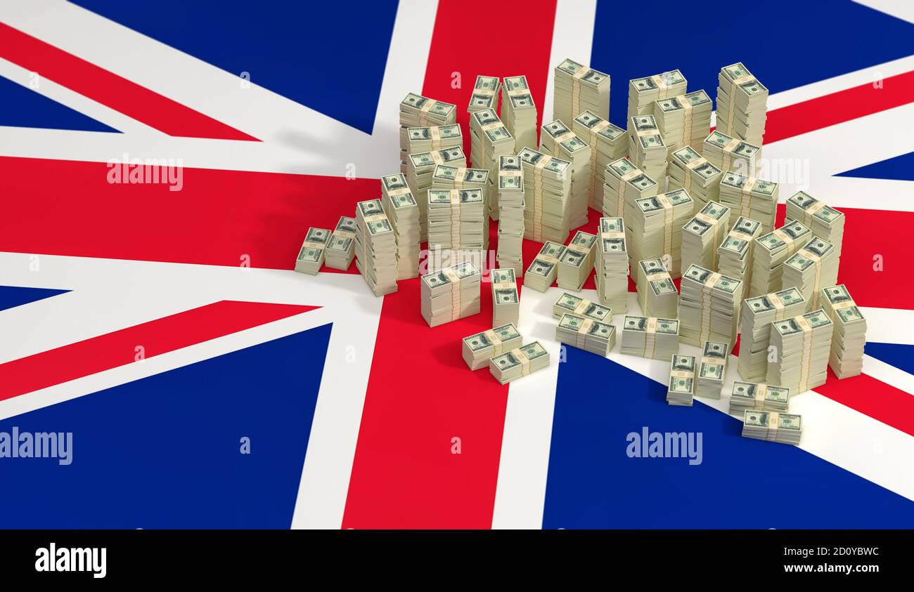 Stacks of 100 Dollar banknotes on United Kingdom national flag. 3D ...