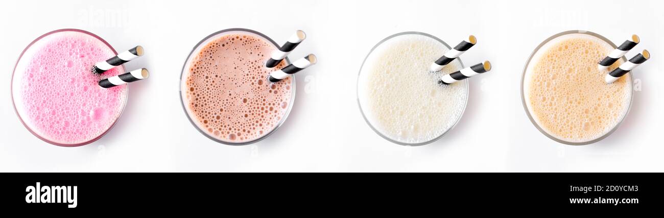 Set of delicious Milk Shakes or Smoothies isolated on white background. Various protein shakes,  strawberry, chocolate, vanilla, caramel energy drinks Stock Photo