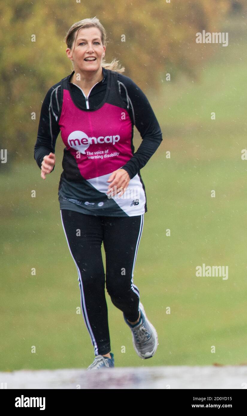 Sophie the Countess of Wessex who joined Tomas Cardillo-Zallo, a member of Mencap's learning disability running team and his mother Sue, acting as his guide runner, for the first 1.5 miles of their virtual London Marathon on the Long Walk in Windsor. Stock Photo