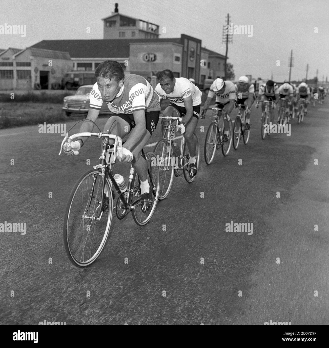 Cyclist Jacques Anquetil is leading the group at 42th Giro d'Italia (1959)  - 1st Stage Milan - Salsomaggiore Terme. --- 16/05/1959. 42° Giro d'Italia.  1a Tappa Milano - Salsomaggiore Terme. Nella foto: