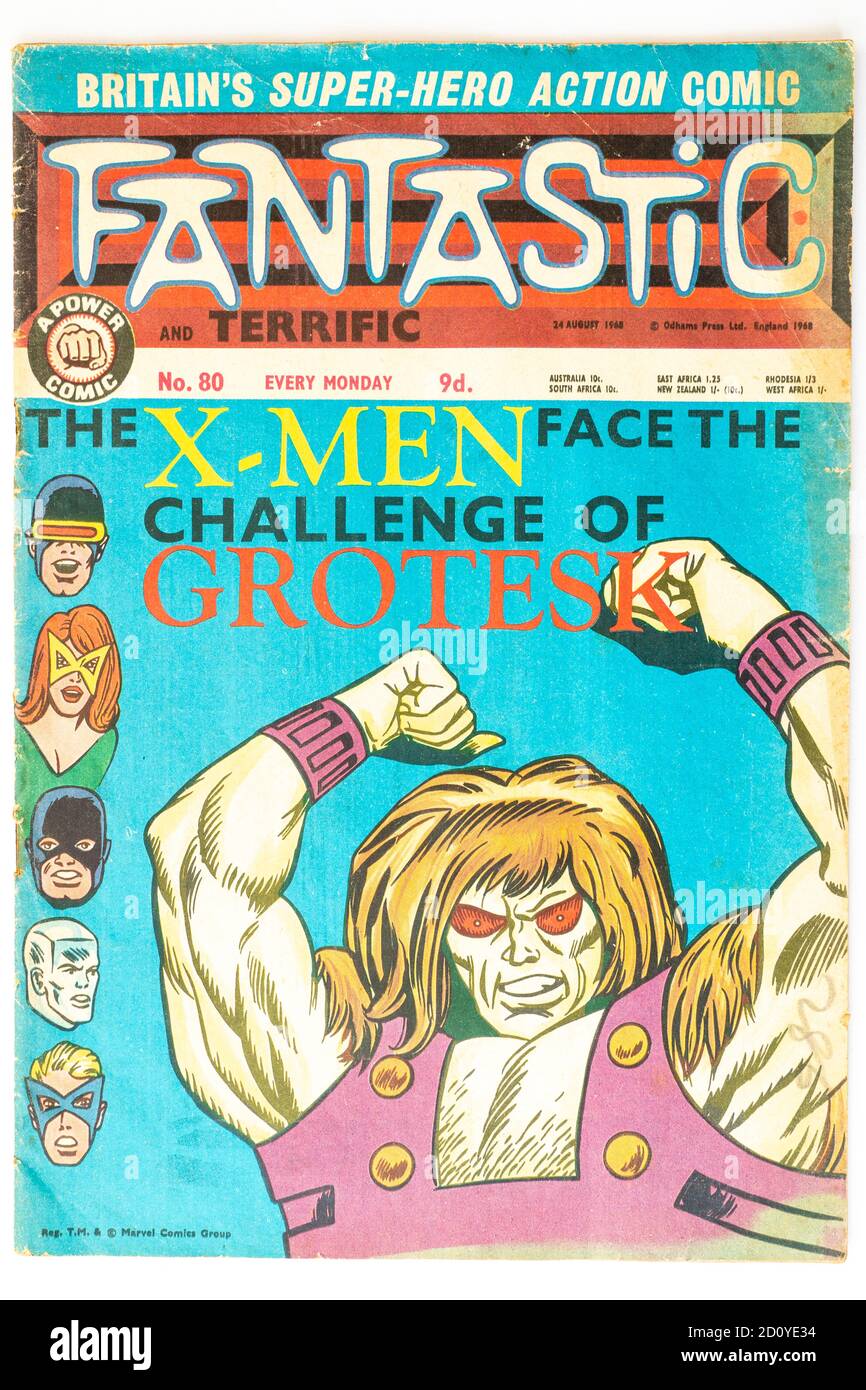 Children's Fantastic and Terrific comic cover from 1968. Featuring the X-men on the cover clashing with Grotesk. Stock Photo