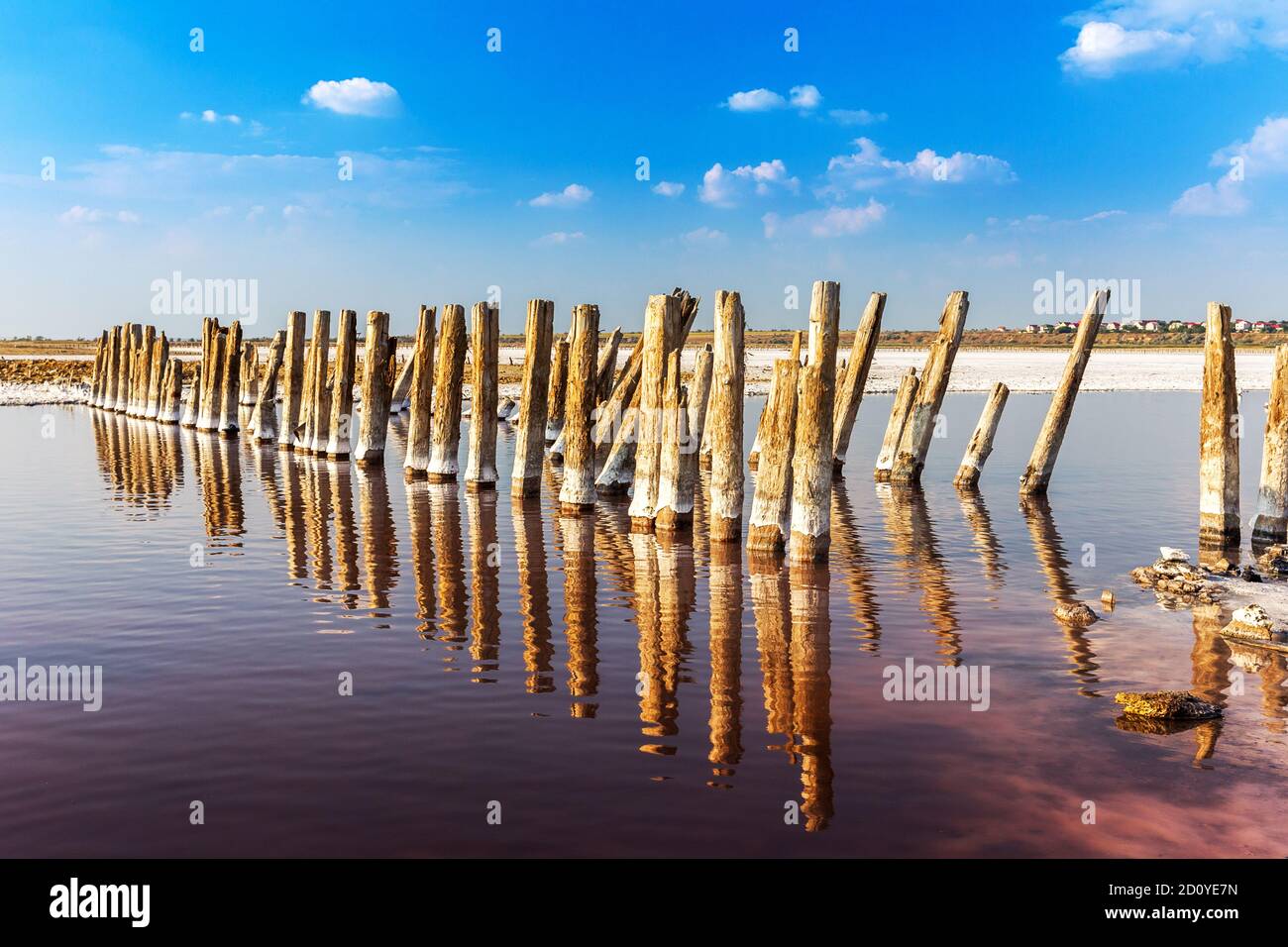 Kuyalnik in Odessa, Ukraine. The water has receded far into the result of the strong summer drought. Ecological catastrophy. The destruction of nature Stock Photo
