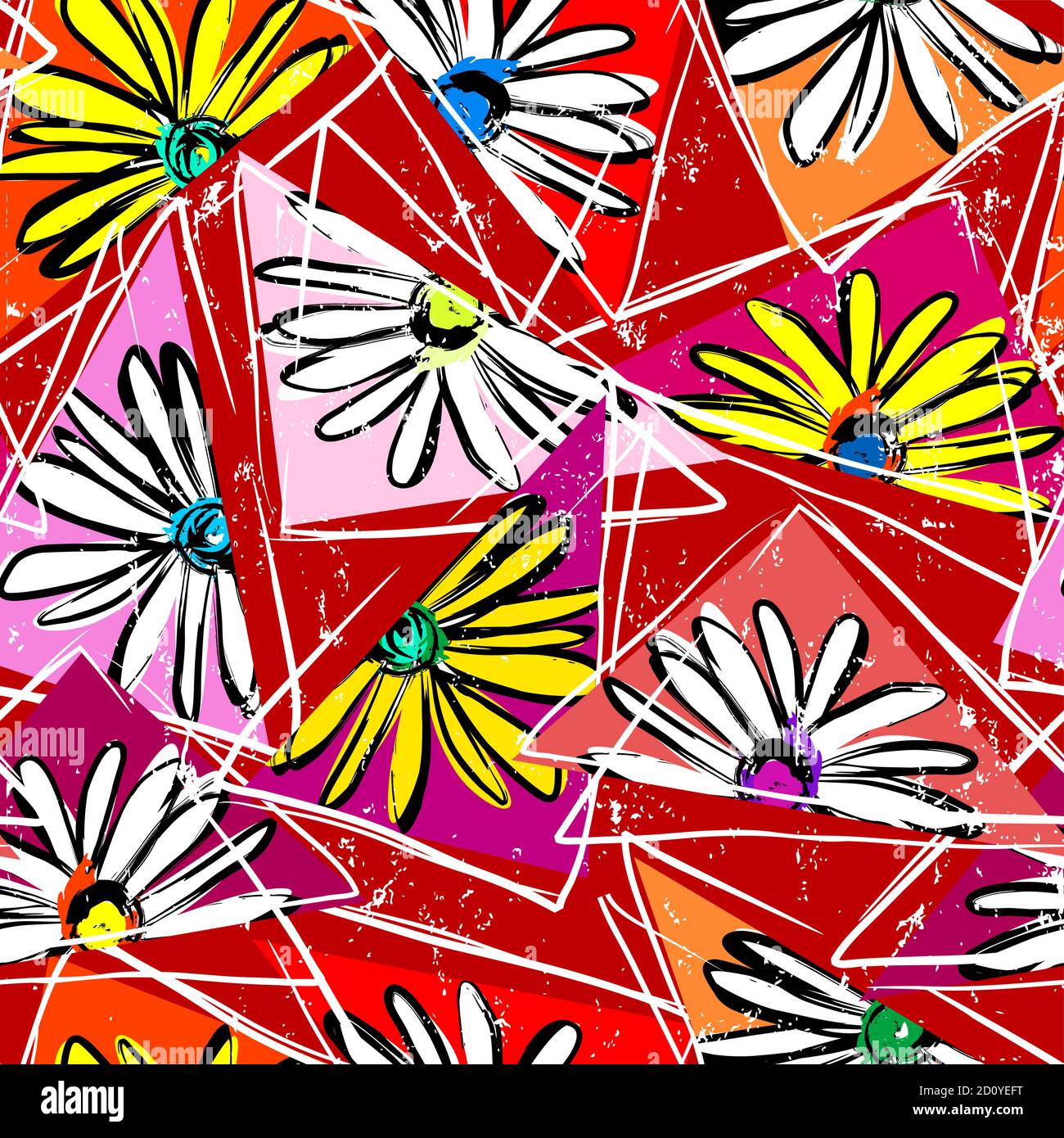 floral seamless background pattern, with triangles, paint strokes and splashes, on red Stock Vector