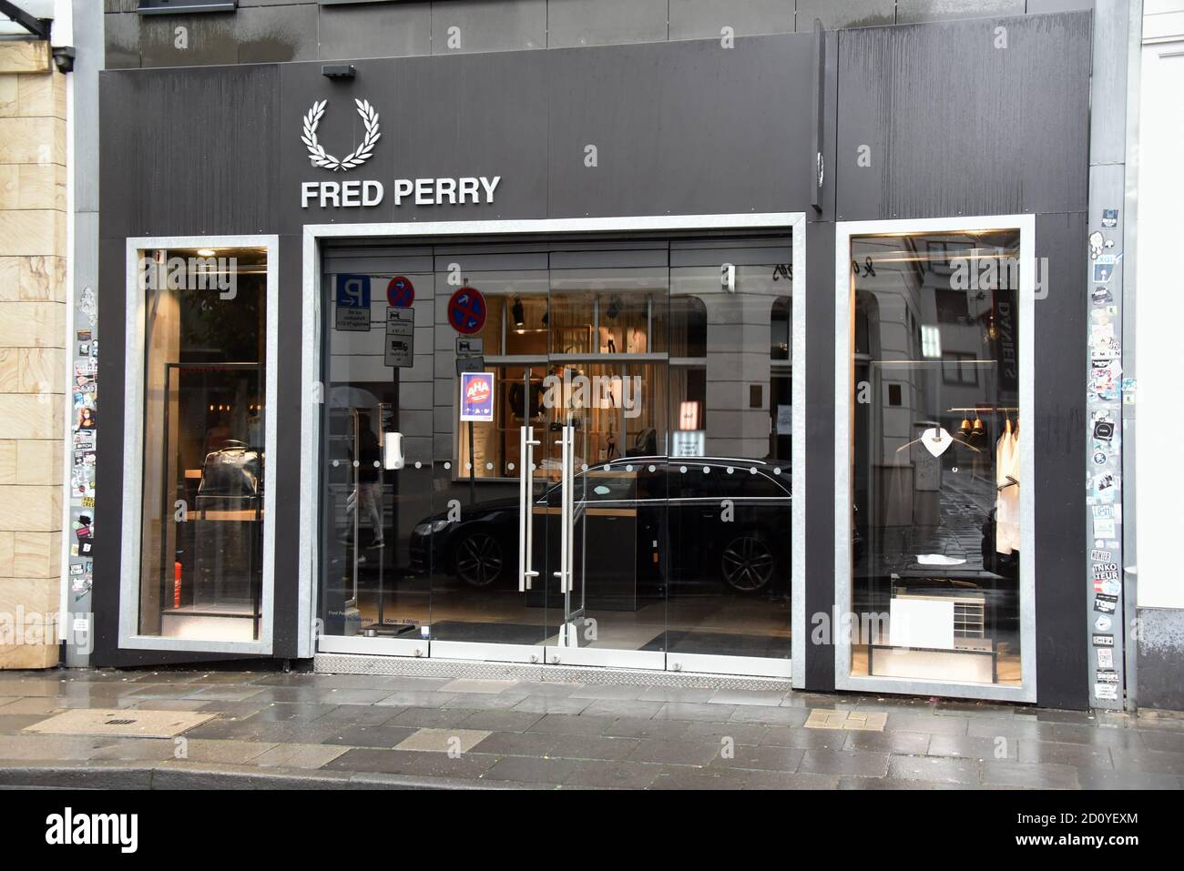 Cologne, Germany. 01st Oct, 2020. Logo lettering on a branch of the British  fashion label Fred Perry, founded by former British table tennis player,  tennis player and fashion designer Fred Perry Credit: