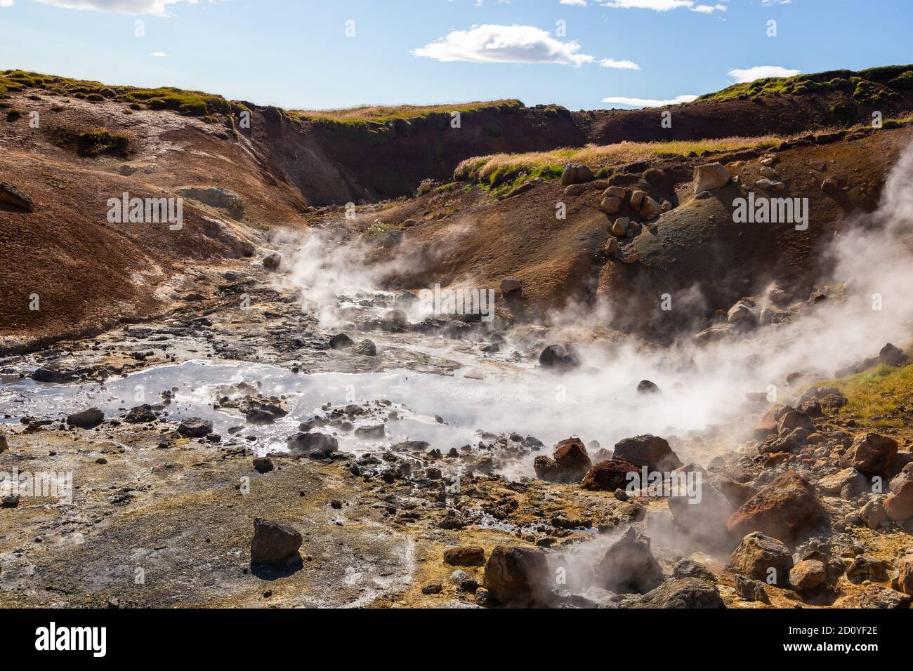 Geothermal area, hot steam, solfataras and hot mud cauldrons. Krisuvik, western Iceland. Reykjanesfolkvangur Peninsula. Stock Photo