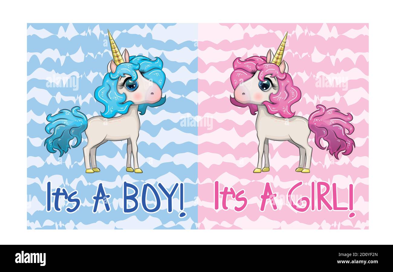 Baby Shower Greeting Card with cute Cartoon Unicorn girl and boy Stock ...