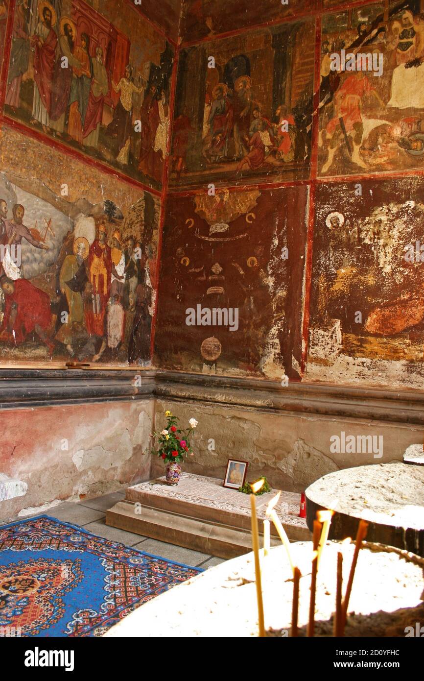 Caldarusani Monastery, Ilfov County, Romania. Frescoes on the veranda of the 17th century Christian Orthodox church. Stock Photo