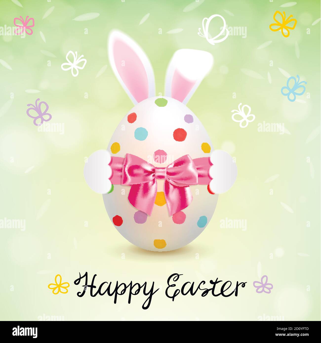 painted Easter egg and Easter Bunny ears on a bright background Stock Vector