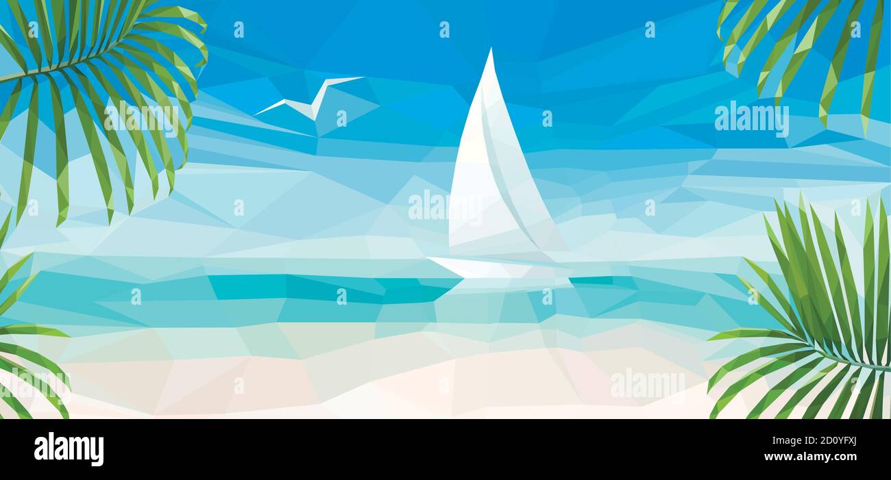 banner of the blue sea with a white sailboat and palm branches Stock Vector