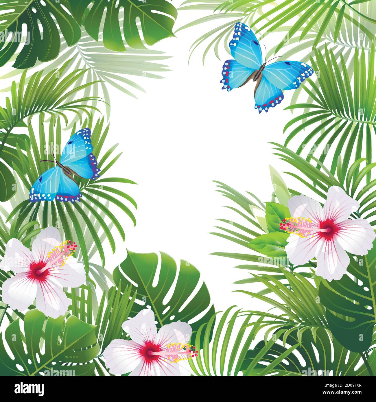 background with tropical plants and blue butterflies Stock Vector