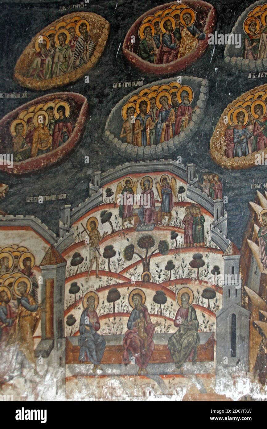 Cozia Monastery, Valcea County, Romania. 14th century fresco of various saints, with the Patriarchs (Isaac, Abraham, & Jacob) in the main plan. Stock Photo