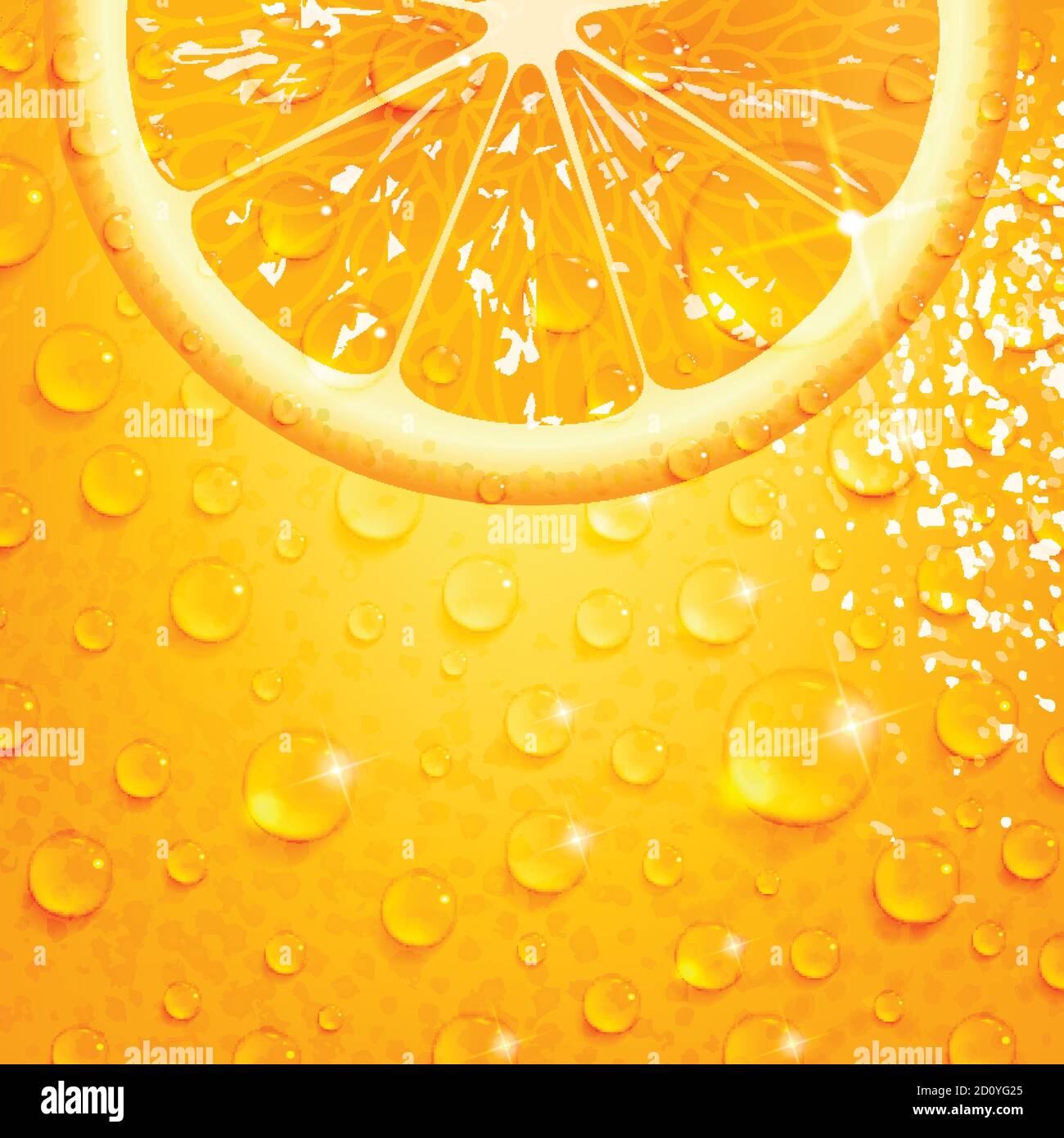 refreshing orange on a background of orange peel with drops of water Stock Vector