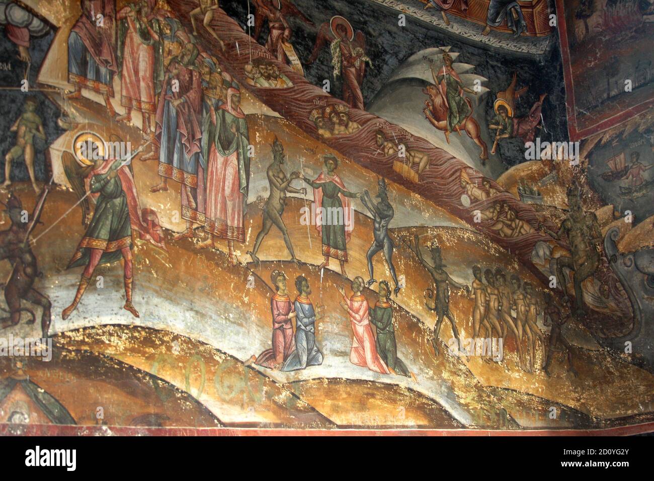 Cozia Monastery, Valcea County, Romania. 14th century fresco depicting 'The Last Judgement'. Stock Photo