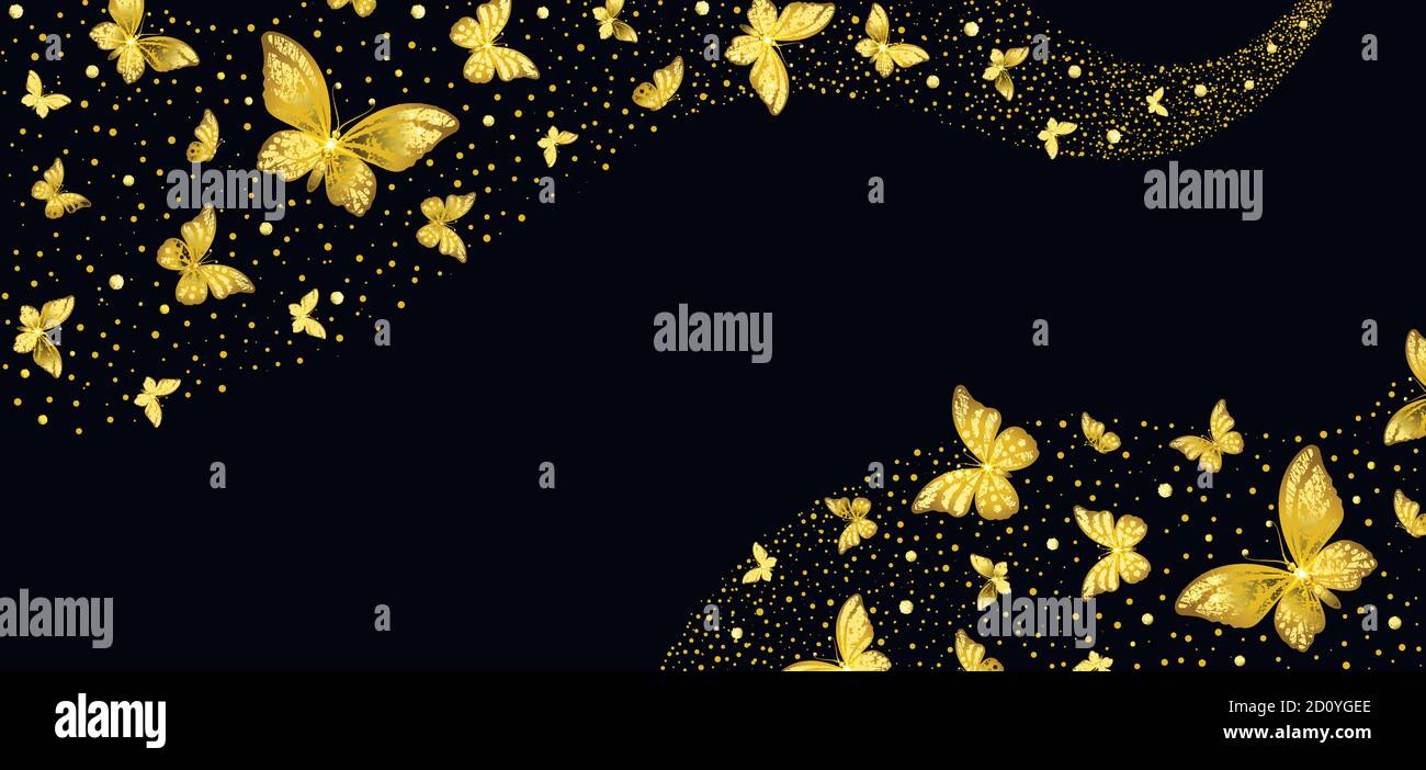 background with decorative golden butterflies on a black background ...