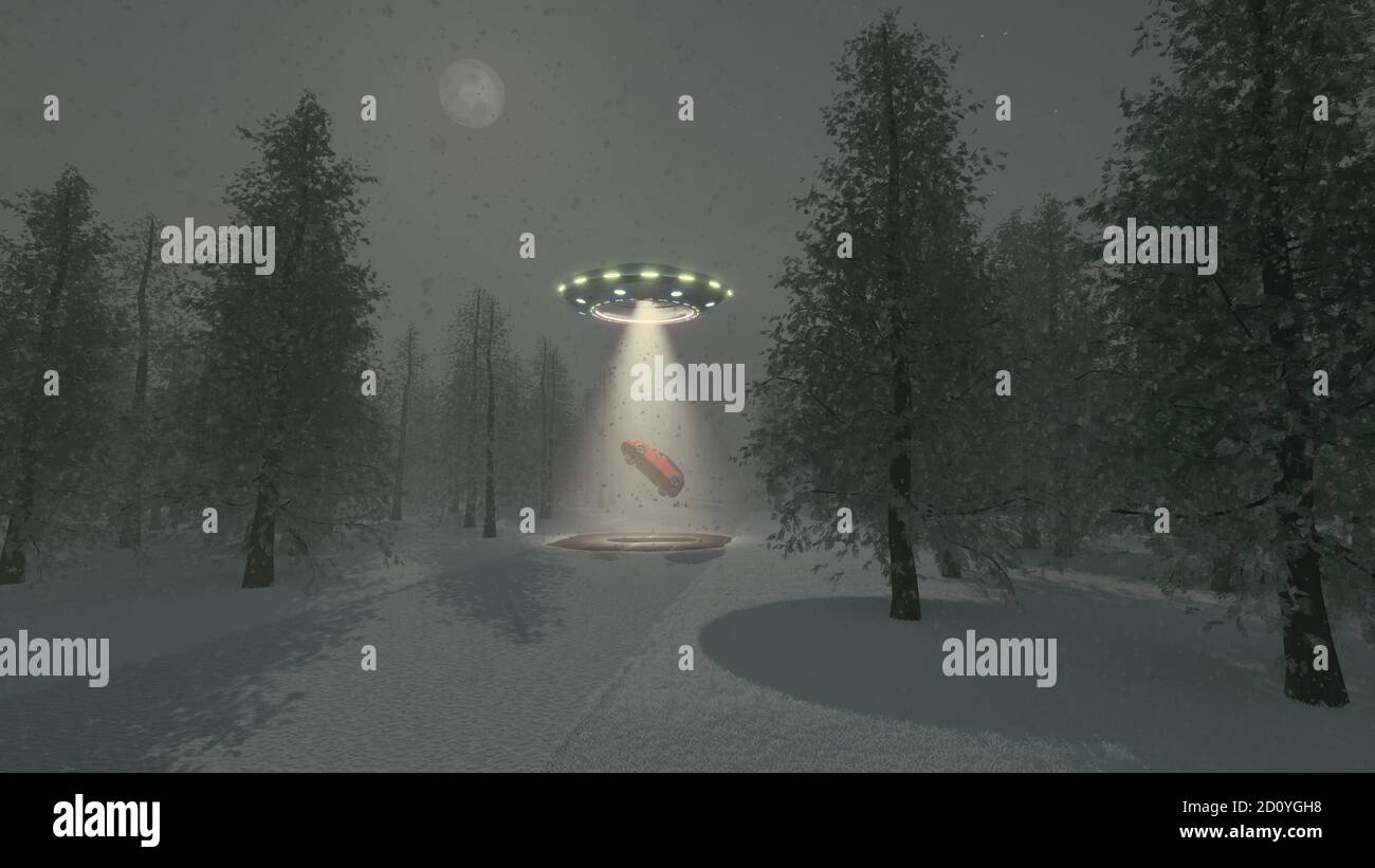 Alien UFO winter Christmas tree background 3d rendering Stock Photo