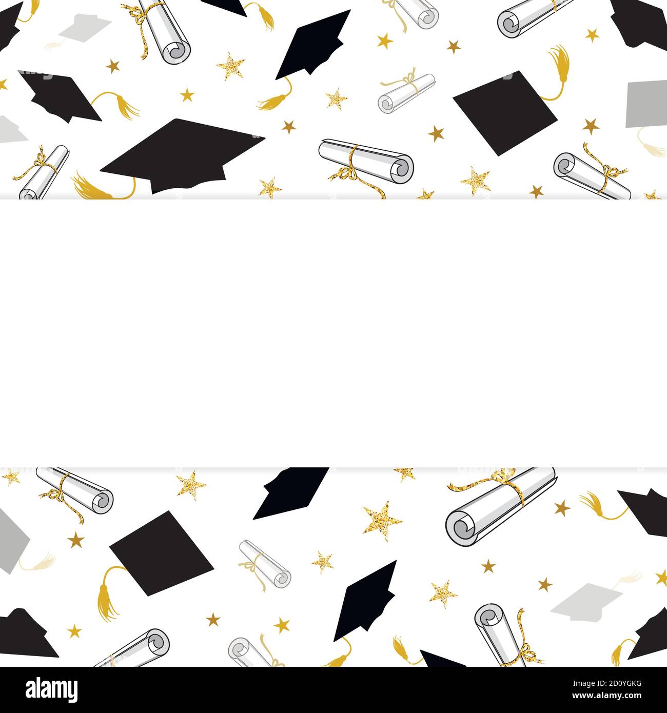 graduation greeting banner with student caps and diplomas on a white background Stock Vector