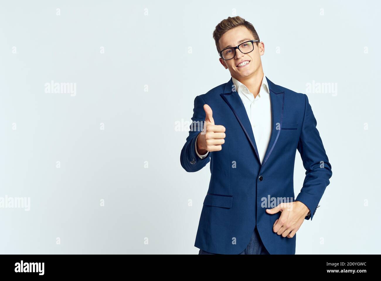 Business man wearing glasses blue suit cropped view official light ...