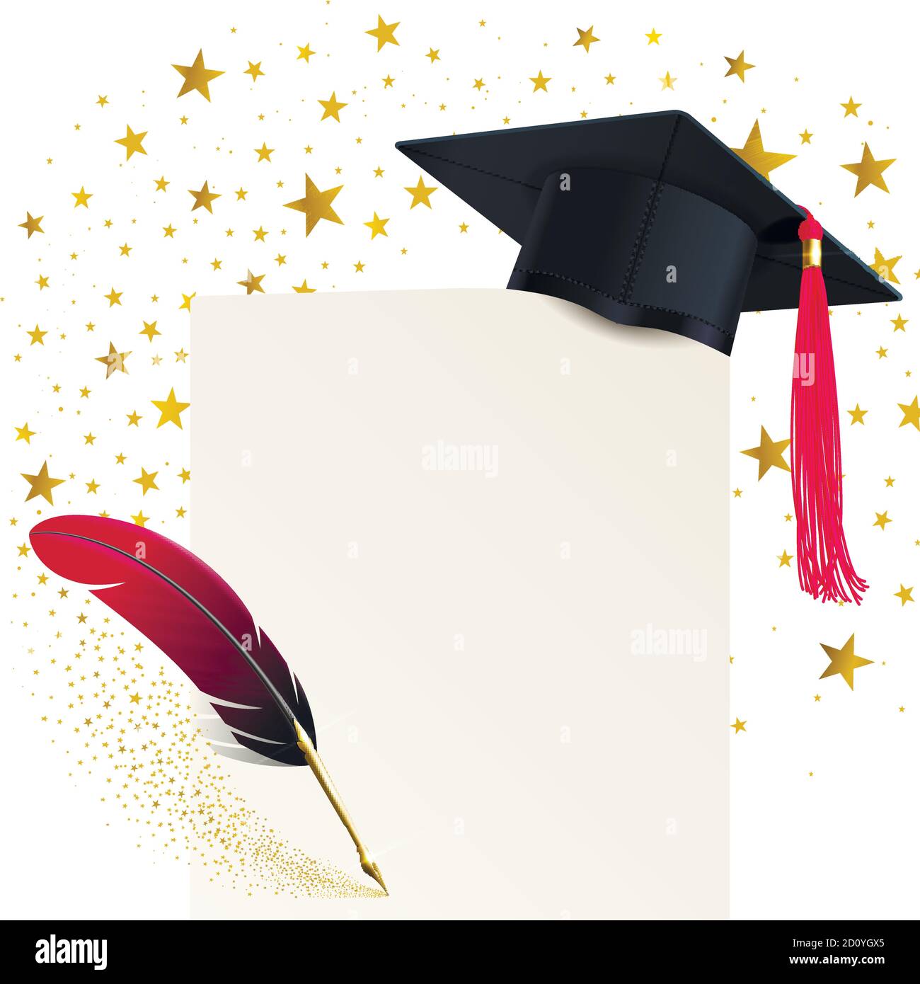 student hat with a red tassel and a diploma on a background of a swirl of gold stars Stock Vector