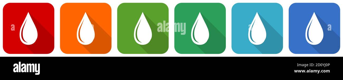 Water drop icon set, flat design vector illustration in 6 colors ...