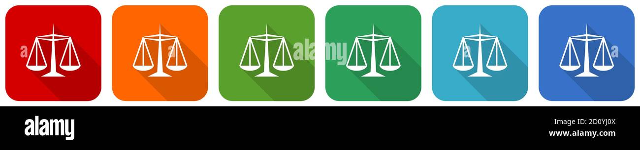 Justice icon set, flat design vector illustration in 6 colors options ...