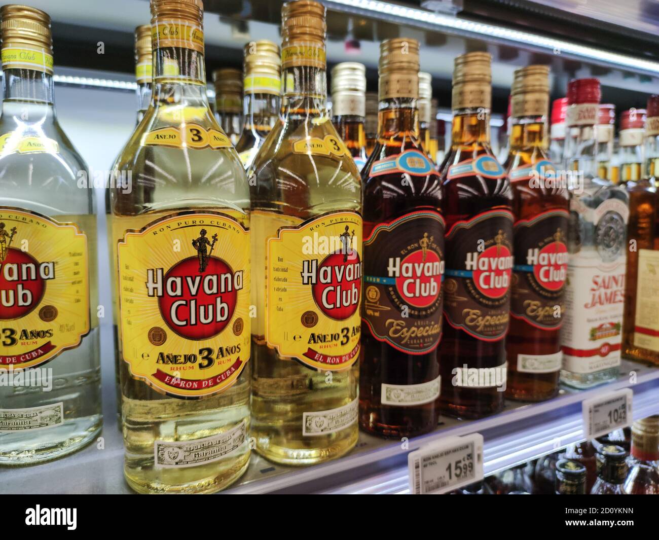 Illustrative editorial image of bottles of Havana Club rum for sale at