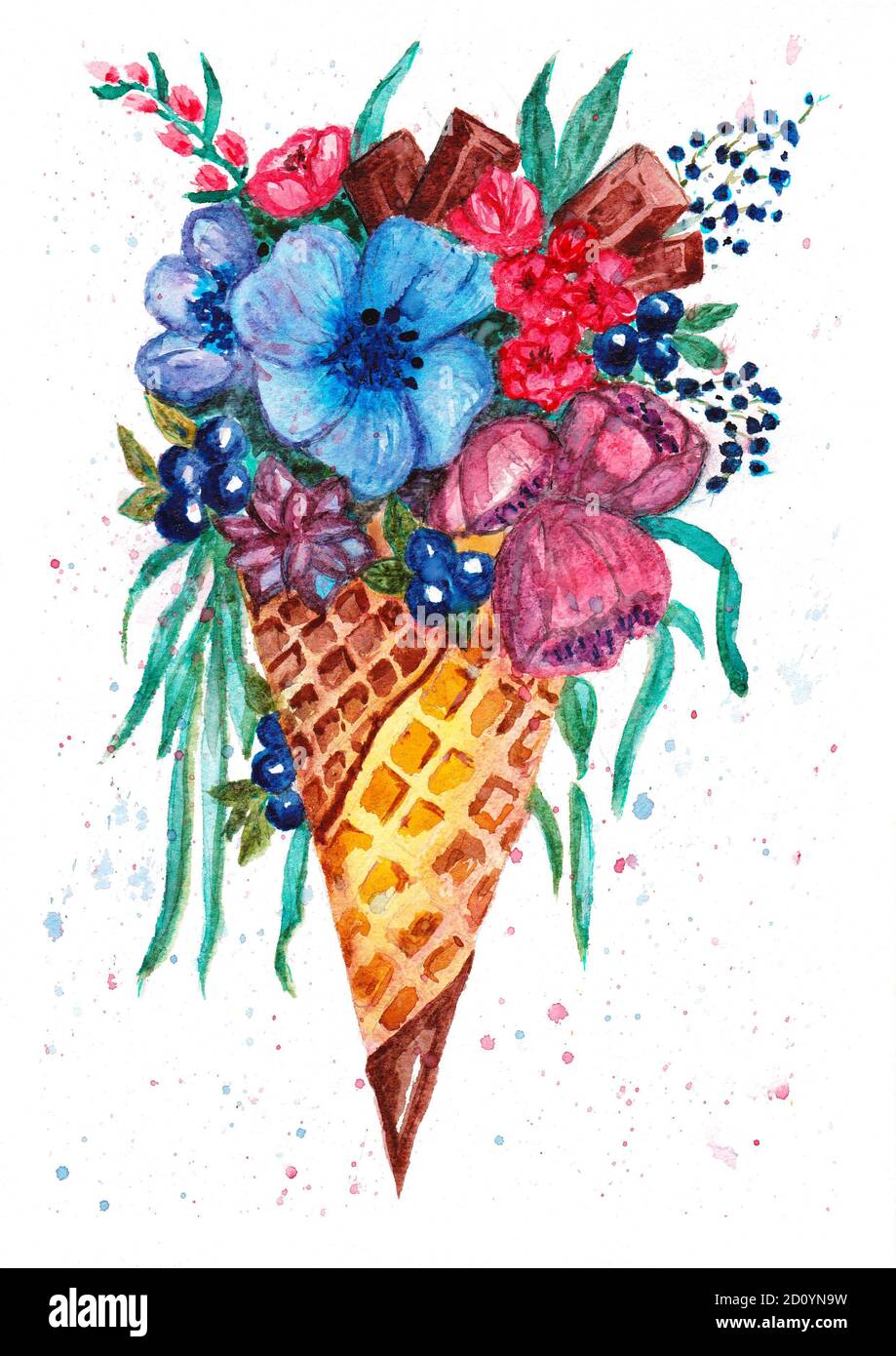 Watercolor illustration Ice cream cone with flowers and chocolates