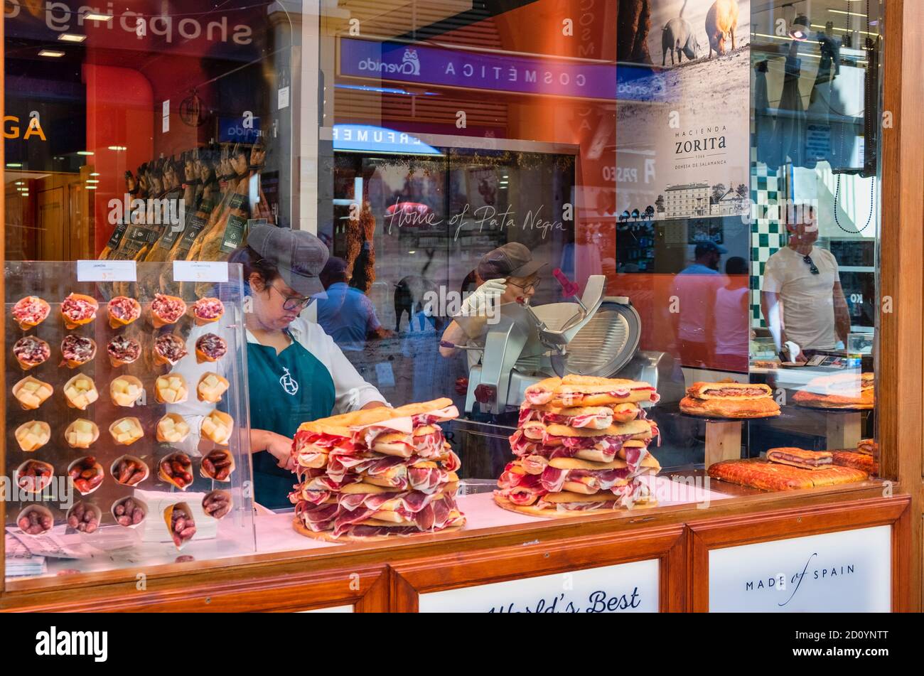 Benidorm, Alicante Province, Spain 5.10.2019, Bocadillos con Jamon Serrano, rolls with air-dried ham in the display of a bocadilleria in the old town Stock Photo