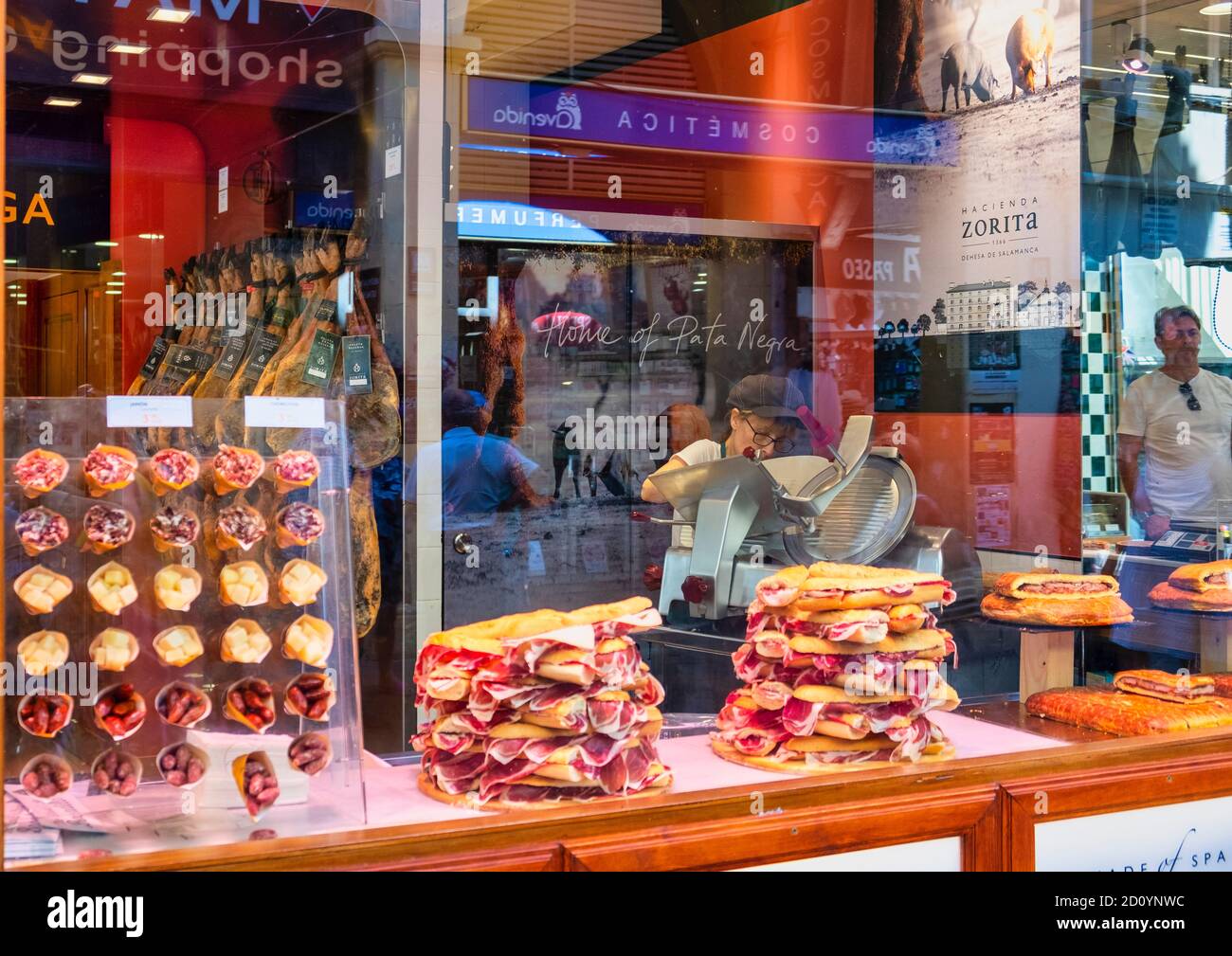 Benidorm, Alicante Province, Spain 5.10.2019, Bocadillos con Jamon Serrano, rolls with air-dried ham in the display of a bocadilleria in the old town Stock Photo