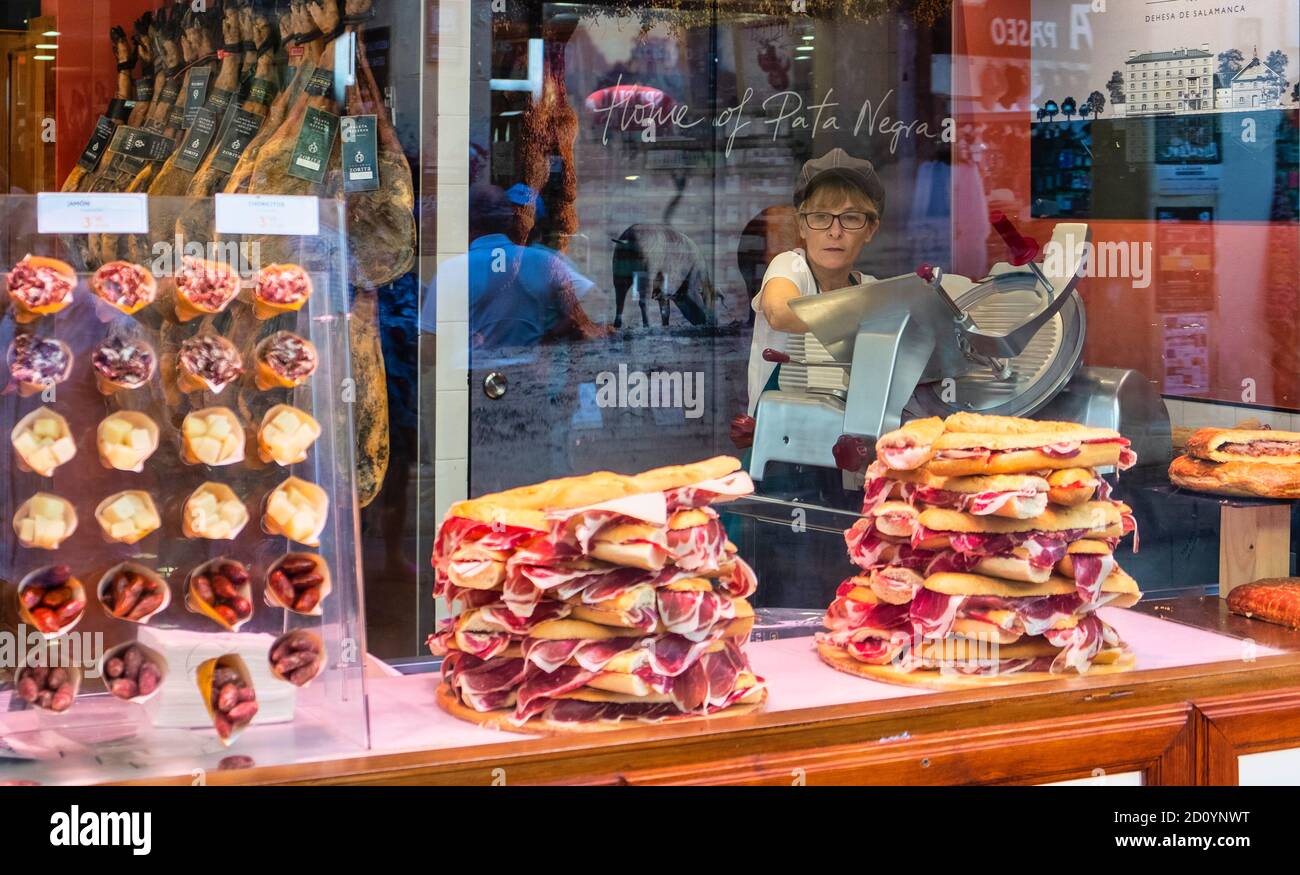 Benidorm, Alicante Province, Spain 5.10.2019, Bocadillos con Jamon Serrano, rolls with air-dried ham in the display of a bocadilleria in the old town Stock Photo