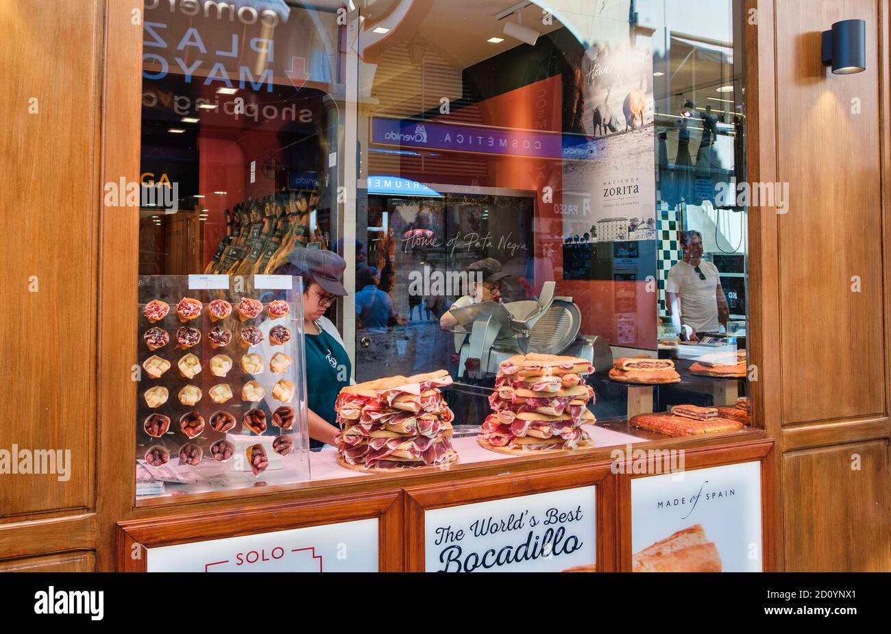 Benidorm, Alicante Province, Spain 5.10.2019, Bocadillos con Jamon Serrano, rolls with air-dried ham in the display of a bocadilleria in the old town Stock Photo