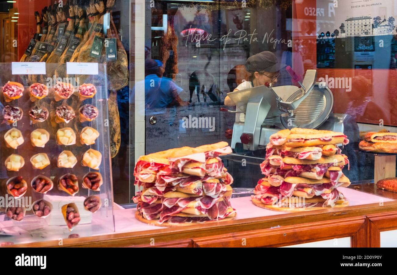 Benidorm, Alicante Province, Spain 5.10.2019, Bocadillos con Jamon Serrano, rolls with air-dried ham in the display of a bocadilleria in the old town Stock Photo