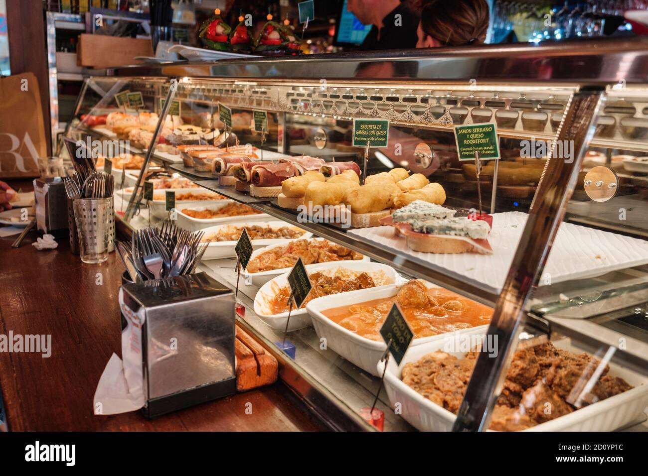 Benidorm, Alicante Province, Spain October 5, 2019, tapas in a showcase of the tapas bar 'Cava Aragonesa' on Calle Santo Domingo in the old town Stock Photo