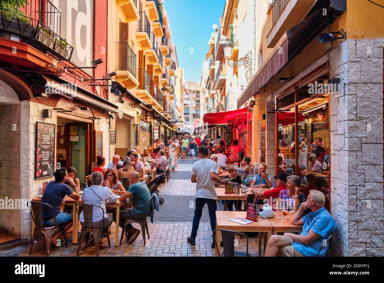 Benidorm, Alicante Province, Spain October 5, 2019, tapas bars at lunchtime in  Calle Santo Domingo in the old town Stock Photo