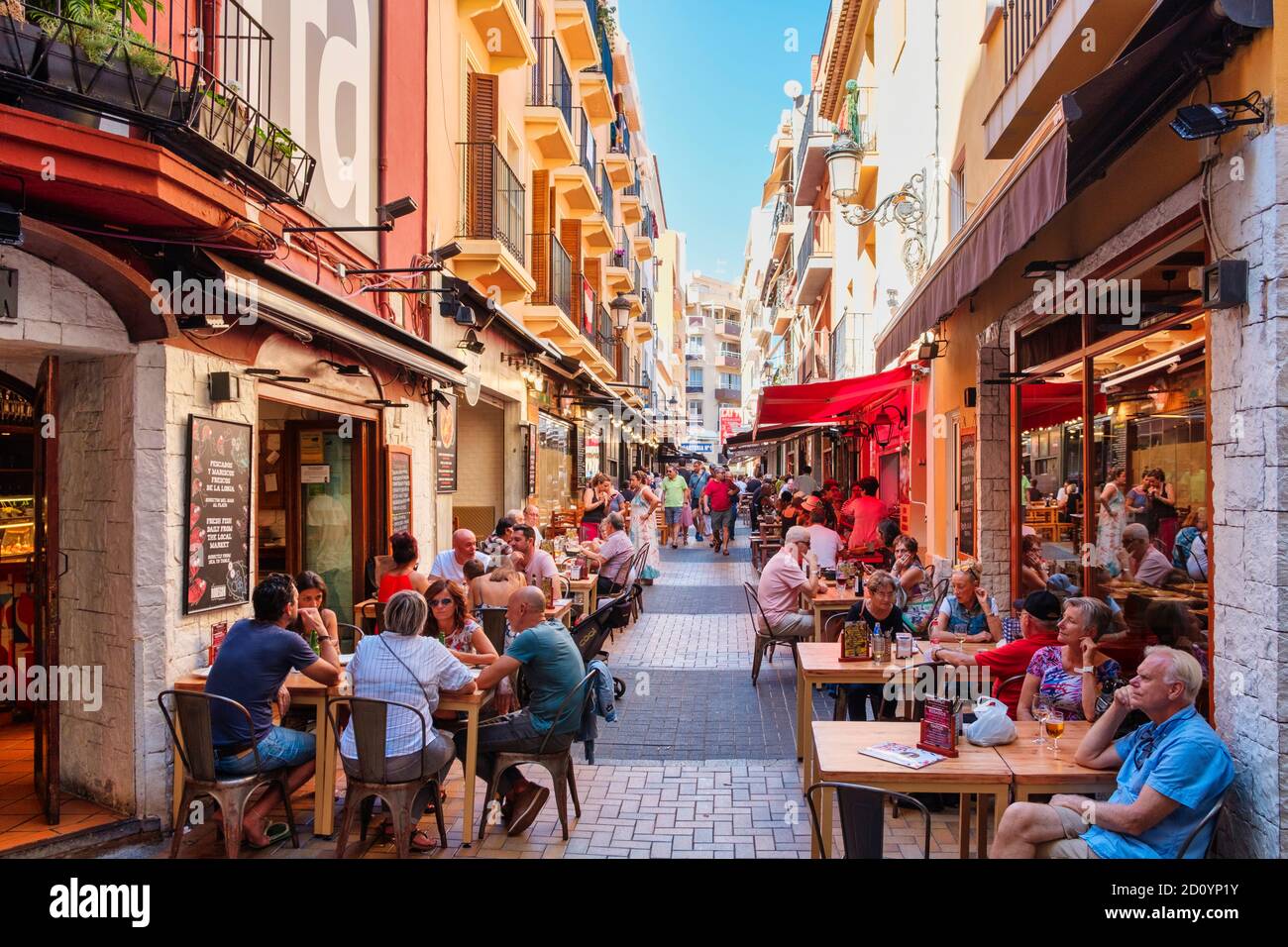 Benidorm, Alicante Province, Spain October 5, 2019, tapas bars at lunchtime in  Calle Santo Domingo in the old town Stock Photo